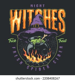 Night witches element colorful vintage with hat over campfire with fabulous green potion for celebration of Halloween vector illustration