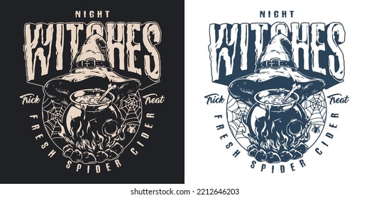 Night Witches monochrome flyer vintage with witch hat and cauldron on fire with scary potion for Halloween holiday vector illustration