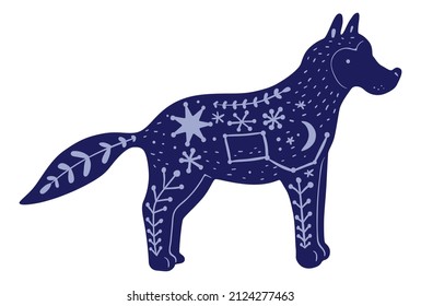 Night wolf. Dark forest animal with floral pattern