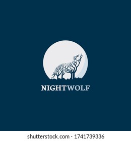 Night wolf logo design template  Wolf howling at full moon  Forest beast at the night  Modern sign wild animal  Wolf trees silhouette vector