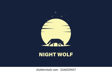 Night wolf logo design template with moon and black background.