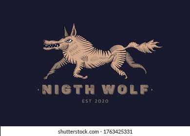 Logotipo de lobo nocturno. Ilustración de dibujos animados sobre un fondo blanco. Grabando. Imprimir. Esbozo para un tatuaje.
