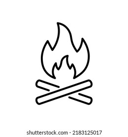 Night Wood Campfire Light Outline Pictogram. Tourism Outdoor Fire Burn Flame Simple Flat Symbol. Bonfire Camp Black Line Icon. Hot Warm Firewood Passion Sign. Isolated Vector Illustration.