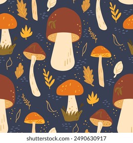 Night woodland forest mushrooms seamless pattern. Edible funguses repeat background. Vector hand drawn illustration.