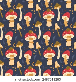 Night woodland forest toadstool and fly agaric seamless pattern. Inedible mushrooms repeat background. Vector hand drawn flat illustration.