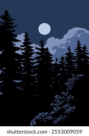 Night in the woods. Full moon over forest