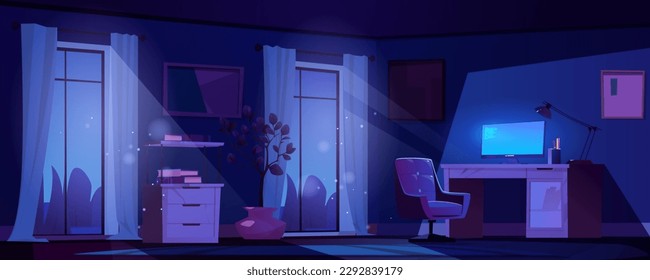 Sala de trabajo nocturno con fondo vectorial de luz mágica. El interior oscuro y vacío del lugar de trabajo con mesa, ordenador y sillón. Rayo de luna misterioso que cae de la ventana con concepto de cortina.