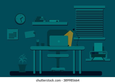 Night Workplace. Vector illustration. Flat design