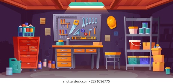 Night workshop interior in garage storage room with tool shelf and lamp spotlight. Wood table in shed or basement with toolbox, board for handsaw and wrench. Engineer equipment in storeroom front view