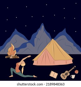 Practica yoga nocturna bajo el cielo estrellado. Acampando en las montañas. caminata. Fuego y carpa. Ilustración plana colorida para su creatividad.