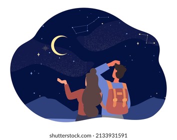 Night young couple. Man and woman look at sky outdoor, couple on romantic wish, characters make wishes. Fantasy and imagination, galaxies and constellations. Cartoon flat vector illustration