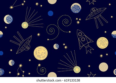 Night zodiac sky. Seamless vector pattern with constellations, crescent moon, rockets, sputniks and stars. 1950s-1960s motifs. Retro textile collection.