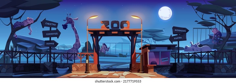 Night Zoo with cute sleeping african animals, entrance with wooden arch, fence, closed cashier booth. Vector cartoon dark landscape of zoological park with giraffe, monkey and hippo, hyena and leopard