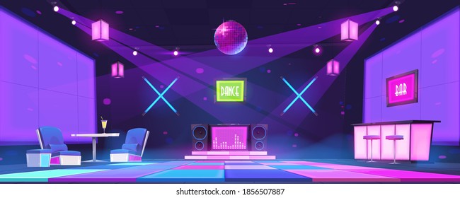 Nightclub with bar counter, tables, dj console and dance floor illuminated by disco ball and spotlights. Vector cartoon interior of night party in dance club with glowing scene and neon lamps