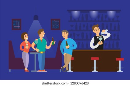 Nightclub bartender pouring alcoholic drinks in glass vector. Man and woman talking to person with bottle of beer, clubbing atmosphere lights and dark