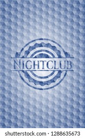 Nightclub blue emblem or badge with geometric pattern background.