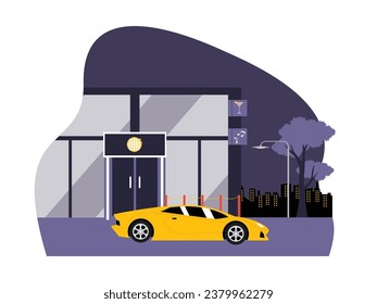 Nightclub building in urban area, customer's sports car parked in front of it, nightlife vector illustration.