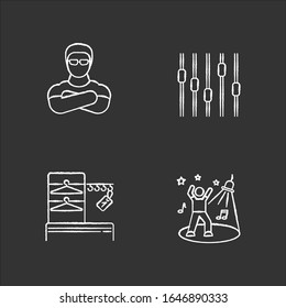 Nightclub chalk white icons set on black background. Face control, late night party, night club discotheque. Bouncer, wardrobe, dance floor and equalizer isolated vector chalkboard illustrations