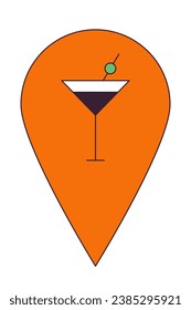 Nightclub cocktail bar map pinpoint 2D linear cartoon object. Martini glass location mark isolated line vector element white background. Alcohol drinks bar pin mapping color flat spot illustration