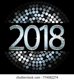 Nightclub. Disco ball on a black background. Silver abstract background. The calendar. Happy New Year 2018!