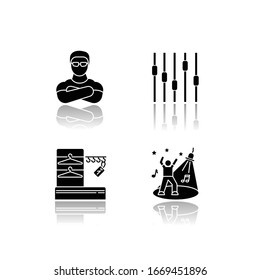 Nightclub Drop Shadow Black Glyph Icons Set. Face Control, Late Night Party, Night Club Discotheque. Bouncer, Wardrobe, Dance Floor And Equalizer Isolated Vector Illustrations On White Space