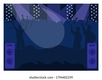 Nightclub flat color vector illustration. Fun party. Musical event. Show on stage, people enjoy concert. Nightlife entertainment. Urban club 2D cartoon interior with dancing crowd on background