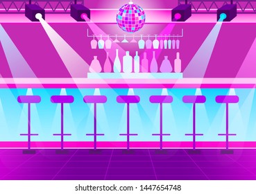 Nightclub to have fun at night vector, bar with table and barstools. Alcohol and bright spotlights, seats for people to drink and enjoy atmosphere