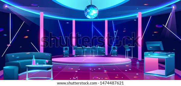 「明るいネオン照明のナイトクラブ内装、バーカウンター近くのストール、快適なソファー、テーブルの上のアルコール飲料、机の上のDJ機器、ダンス