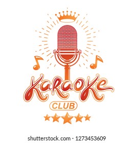 Nightclub karaoke advertising poster composed with stage or recorder microphone vector illustration and musical notes. Superstar performance advertising announcement.