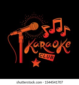 Nightclub karaoke advertising poster composed with stage or recorder microphone vector illustration and musical notes. Superstar performance advertising announcement.