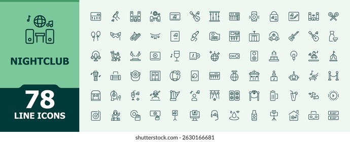 Nightclub linear icon set. Contains such symbols as night, cocktail, party, bar. Entertainment icon set. Minimalist vector collections. Vector illustration in modern line style.