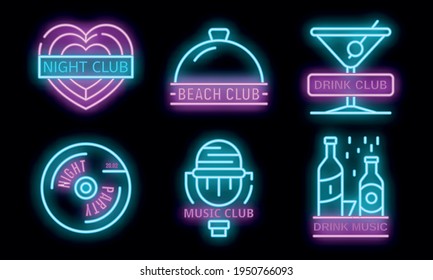 Nightclub logo set. Outline set of nightclub vector logo neon color on black