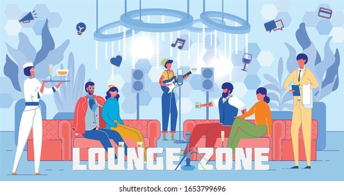 Nightclub Lounge Zone Guests Word Concept Banner. People Relaxing in Bar, Drinking Alcohol Cartoon Characters. Pub Visitors Listening to Singer. Catering Staff, Waiters Serving Club Clients