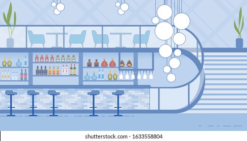 Nightclub Modern Interior. Bar with Alcohol Bottles on Shelf, Counter with Stools Vector Illustration. Glass Lamp Decoration. Staircase to Tables and Chairs. Inside Empty Night Club Room