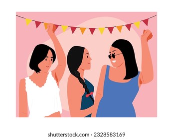 Nightclub music dance party, clubbing with friends enjoying youth style life in the city at night. Design art.Vector flat illustration