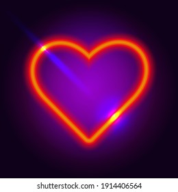 Nightclub neon heart. 3d retro light sign with bright neon effect. Techno frame with glowing on a dark red background. Electric street banner. Red vector illustration in 80s style