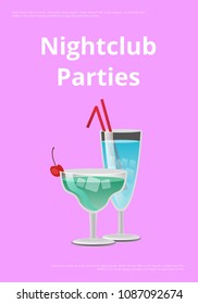 Nightclub parties with blue cocktails in martini glass, with straw decorated by cherry on top vector illustration isolated on purple background