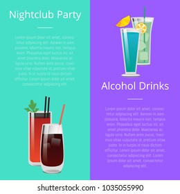 Nightclub party alcohol drinks invitation poster with bloody mary, whiskey or vodka cola, blue lagoon and mojito beverages in glasses vector with text