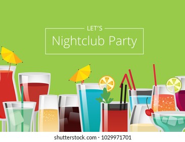 Nightclub party color card vector illustration with different colorful alcoholic drinks, lot of straws umbrella and mint leaf pieces of ice and cherry