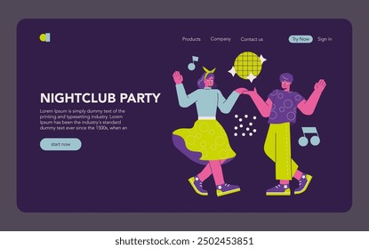 Nightclub party concept. Animated characters dance under a disco ball, capturing the dynamic nightlife scene. Playful energy in a club setting. Vector illustration.