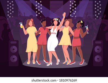 Nightclub party flat color vector illustration. Cheerful girls in cool dresses. Female friendship. Pre-wedding celebration. Hen-party 2D cartoon faceless characters with dancing crowd on background