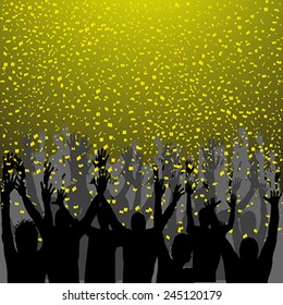 Nightclub party with hands in air and golden confetti