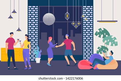 Nightclub Party, Nightlife and Weekend Leisure Flat Vector Concept. Man and Woman Dancing Under Disco Ball, Couple Drinking Cocktail, Man Resting on Bean Bag Chair with Smartphone in Hand Illustration