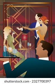 nightclub with people dancing and drinking alcohol. Vector illustration of a dance floor in a cafe or restaurant with dancers on stage and alcohol
