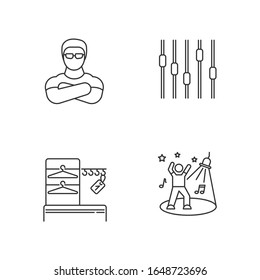 Nightclub pixel perfect linear icons set. Night club customizable thin line contour symbols. Bouncer, wardrobe, dance floor and equalizer isolated vector outline illustrations. Editable stroke