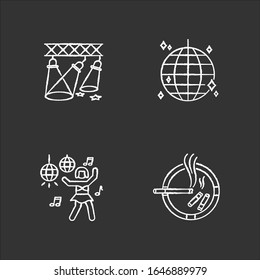 Nightclub recreation chalk white icons set on black background. Night club entertainment, clubbing. Light show, disco ball, go go dancer and ashtray isolated vector chalkboard illustrations