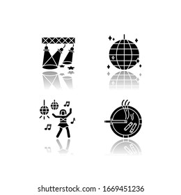 Nightclub recreation drop shadow black glyph icons set. Night club entertainment, clubbing. Light show, disco ball, go go dancer and ashtray isolated vector illustrations on white space