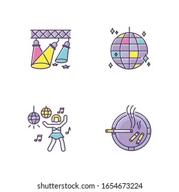 Nightclub recreation RGB color icons set. Night club leisure, entertainment venue, clubbing fun symbols. Light show, disco ball, go go dancer and ashtray isolated vector illustrations