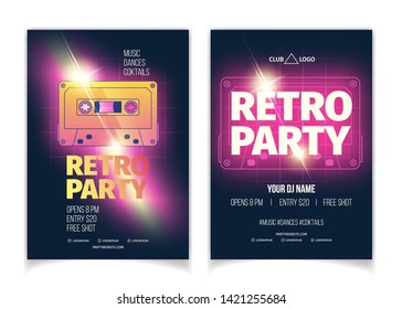 Nightclub retro music party cartoon vector advertising banner, promo flyer or placard page template with glowing neon violet color magnetic tape audio cassette and announcements info illustration