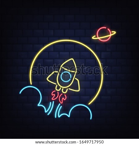 Nightclub retro neon signboard realistic vector template. Taking off rocketship with flame and smoke from engine, flying to Saturn. Vintage illumination glowing with fluorescent light on brick wall